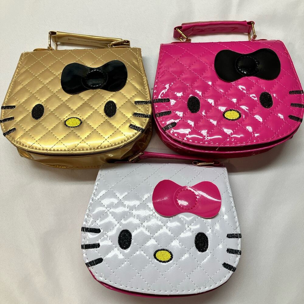 Hello Kitty Purses Patent Leather Clutch Crossbody Purse (3) Gold Pink White